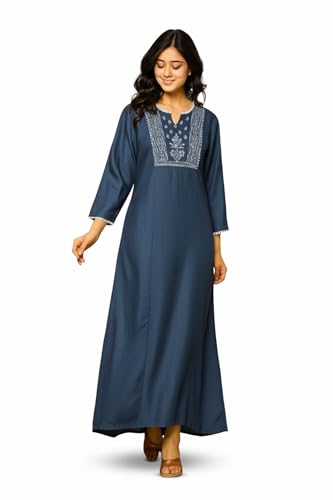 Image of NIHSAMAH Viscose Nighty for Women, Embroidered & Printed Stylish Night Gown, Long Sleeve Comfortable Sleepwear Long Nightwear, Maxi