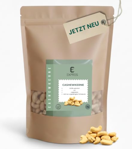 EXPRES Cashewkerne 1kg Ganze Kerne Ungesalzen & Roh Premium Qualität Naturbelassen & Vegan Ideal zum Snacken Backen & für Currys Cashewkerne Großpackung