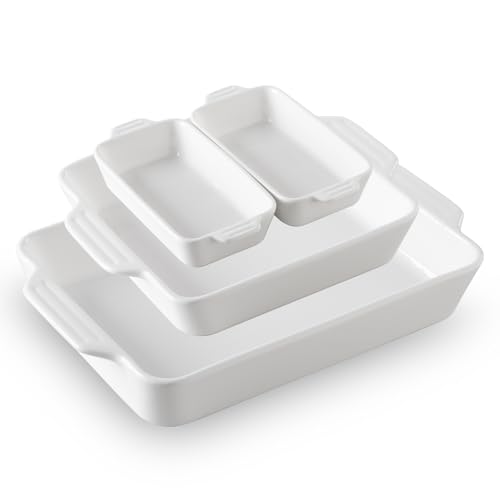 Sweejar Ceramic Bakeware Set of 4, Casserole Dishes for Oven, Rectangular Baking Dish with Handles, Lasagna Pans Deep for Cooking, Gratin, Roasting, Banquet and Daily Use (White)