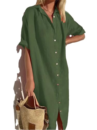 Gerader einreihiger Damen-Cardigan, Reverskragen, Leinenkleid, olivgrün, L