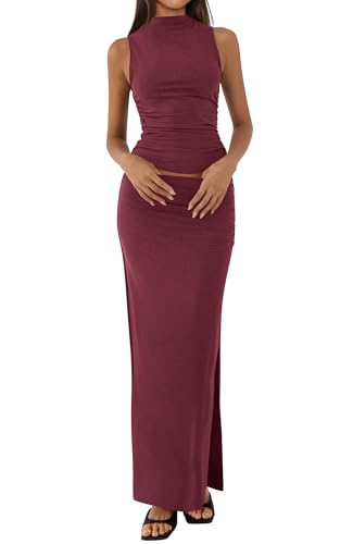 BTFBM Summer Two Piece Skirt Set for Women 2025 Dressy Lightweight Sleeveless Knit Top Going Out Split Maxi Skirt Set