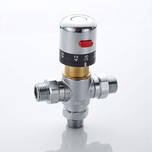 3 Way Thermostatic Water Mixing Valve DN15 Temperature Constant Control Hot and Cold G1/2 NPS Male Connections Anti Scald Temp Mixer Valves for Bathroom Under Sink Faucets Shower Bath Bidet (Chrome)
