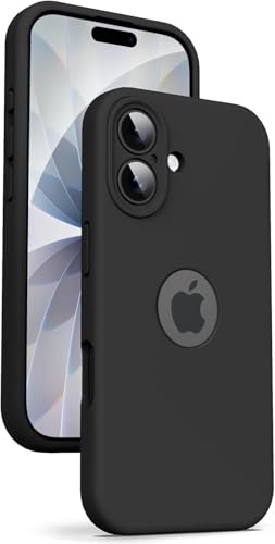 Image of Elzzi Microfiber Logo Cover Compatible for iPhone 16 Case Liquid Silicone Cases Full Body 4 Layer Protective Covers Shockproof Back Cover (Black)