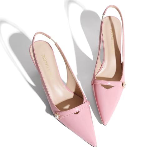 Image of Women Kitten Heels Slingback Low Heel Pumps Dress Shoes for Women Closed Pointed Toe Pearl Heels for Work Wedding Bridal