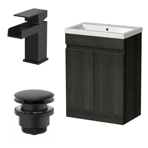 Image of Artis 600mm Bathroom Vanity Unit with Ceramic Basin, Floorstanding Storage Cabinet, Soft Close Cupboard, Charcoal, Dakota Black Mixer Tap & Waste Set