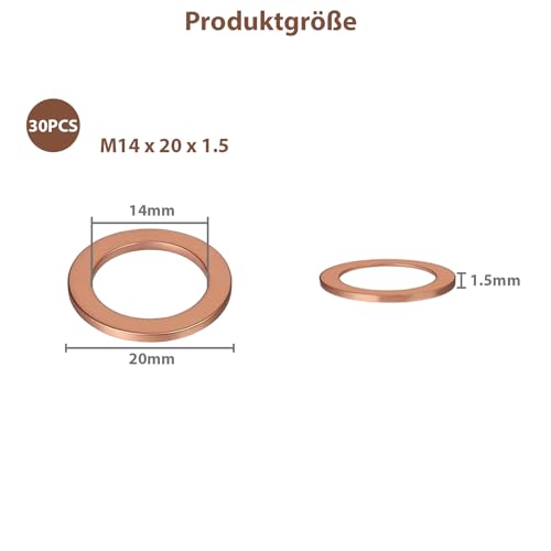 HAPPOW 30 Stück Kupferdichtringe Sortiment, M14 x 20 x 1.5 mm Dichtring Ölablassschraube, Kupferdichtringe mit Korrosionsbeständigkeit, für Hydraulikverbindungen, Ölwannen-Ablassschrauben