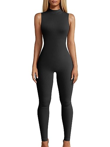 Oqq CASUAL JUMPSUIT OQ250 Women Yoga Jumpsuits Workout Ribbed Sleeveless High Neck Tops Sport Jumpsuits Black cover
