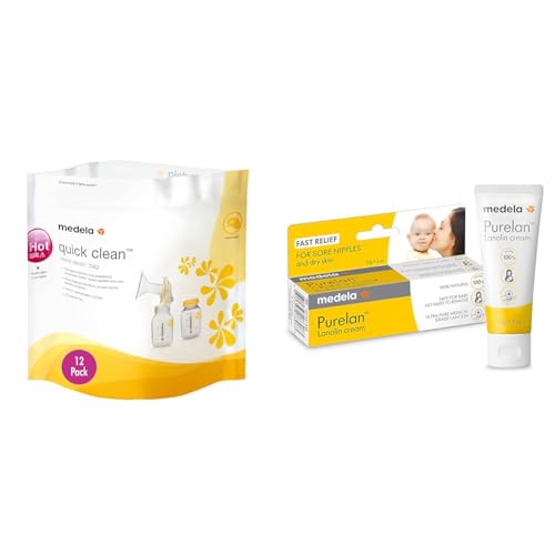 Image of Medela Quick Clean MicroSteam Bags, Sterilizing Bags & Purelan Lanolin Nipple Cream for Breastfeeding, Eliminates 99.9% Bacteria, Hypoallergenic, 12 Pack & 1.3 Ounce
