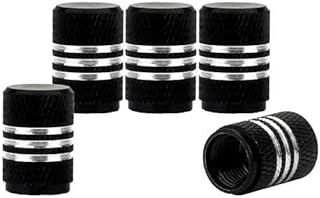 AUTOZOCO 4 x Aluminium Tyre Valve Caps, Decorative Pneumatic Valve Caps, Aluminium Air Valve Caps, Length 16 mm, Black with Silver Lines