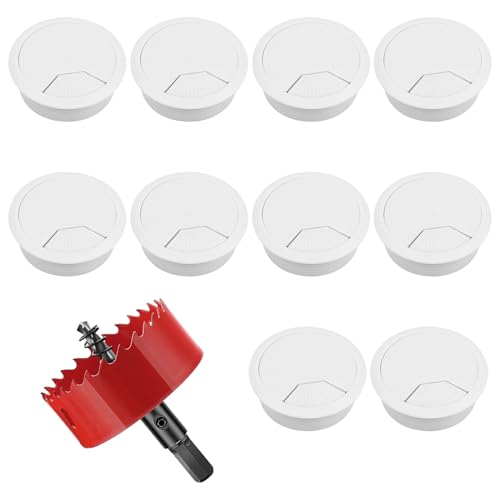kiptyg Pasacables, 10 Piezas Pasacables escritorio, Pasacables mesa, con sierra de metal para agujeros de 1 pieza, pasacables redondo, tapa para agujeros de cables de escritorio (60mm, Blanco)
