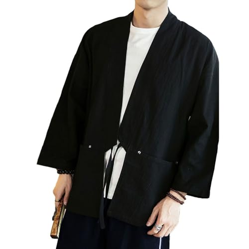Lu's Chic Men's V Neck Cardigan Open Front Top Summer Fall Cotton Casual Patch Pocket Self Tie Regular Fit Cardigans