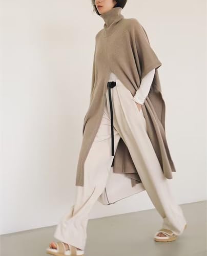 Women's Knitted Cashmere Wool Shawl Solid Color Long Cloak High Neck Cape Sweater Fashion Warm Poncho3