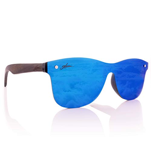 glozzi Sonnenbrille Herren und Damen Holz Verspiegelt Polarisiert und Entspiegelt UV400 Blau mit Holzbügeln aus Ebenholz und Brillenetui aus Kork