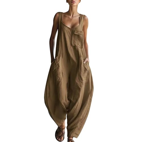 Combinaison pantalon femme ample été coton lin fluide style cargo unie