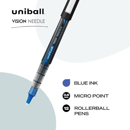 Uni-Ball Stick Needle Rollerball Pens, Micro Point, Blue Ink,12-Count