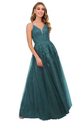 V-Ausschnitt A-Linie Abendkleider Spitze Applikationen Elegant Ballkleider Hochzeit Formale Hochzeitskleid(Teal,34)
