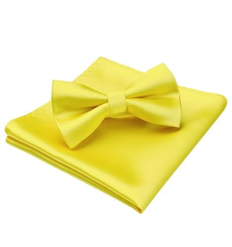 Image of HISDERN Bow Ties for Men Solid Color Pre-Tie Bow Tie and Pocket Square Set Classic Formal Tuxedo Bowties for Wedding Party
