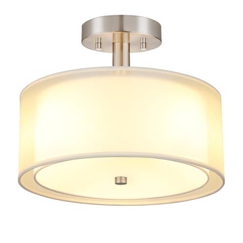 FOLKSMATE Semi Flush Mount Ceiling Light Fixture, Gold 3-Light Drum Light with Double Fabric Shade, Modern Close to Ceiling Lamps for Living Room, Bedroom, Dining Room, Kitchen, Hallway, Entry, Foyer