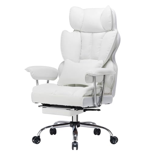 Efomao Big and Tall Office Chair 400lbs – High Back Executive Chair with Swivel Base, PU Leather Upholstery, Lumbar Pillow, Padded Armrests, and Rolling Wheels,White Computer Chair