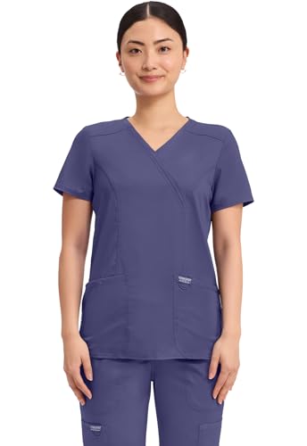 Cherokee Scrubs Top for Women Mock Wrap with 3 Pockets, Soft, 2-Way Stretch & Durable Fabric - WW610, XL, Grape