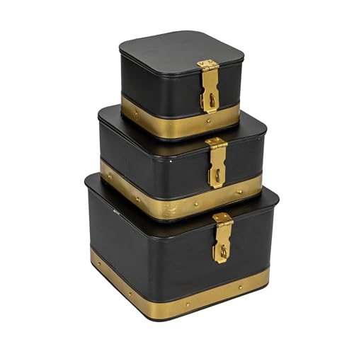 Creative Co-Op Nestable Square Metal Storage Boxes with Hasp Lock, Black, Set of 3