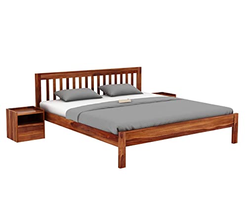 Image of Sheesham Wood Queen Size Bed Without Storage | Wooden Double Bed Cot Palang Furniture for Bedroom Living Room Home (Honey Finish)