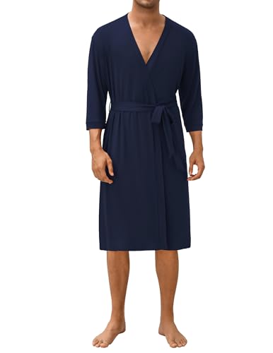 Ekouaer Men's Lightweight Kimono Spa Robe Knit Bathrobe Soft Sleepwear 3/4 Sleeve Loungewear with Pockets S-XXL