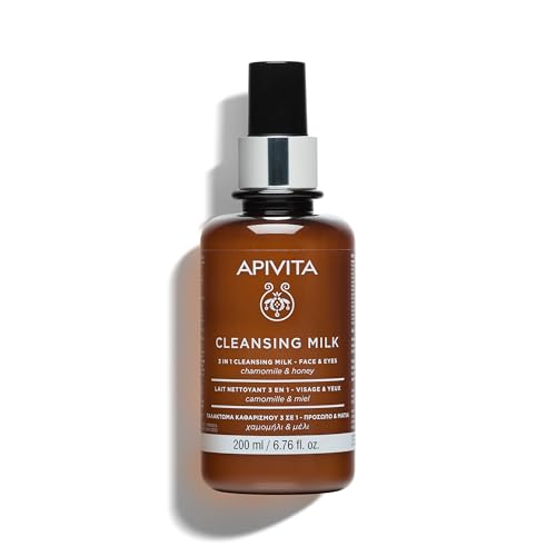 Apivita Cleansing Milk | Hydrating & Smoothing 3-in-1 Cleansing Milk Face & Eye Cleanser + Makeup Remover with Chamomile & Honey, 200 mL / 6.67 oz