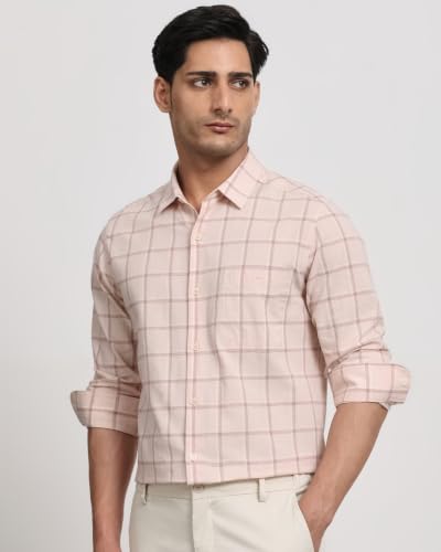 Image of MUFTI Men Smart Casual Shirt | Slim Fit Full Sleeve Spread Collar Windowpane Checks | Cotton Linen Blend Button Placket with Embroidery for Office Wear