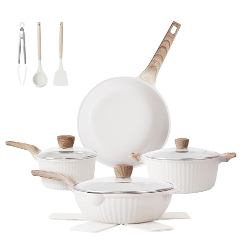 Cuisinluv Pots and Pans Set Non Stick, 13Pcs Kitchen Cookware Sets, Granite Stone Induction Cookware Non Stick Cooking Set w/Frying Pans, Saucepans, Sauté Pan (PFOA Free), White