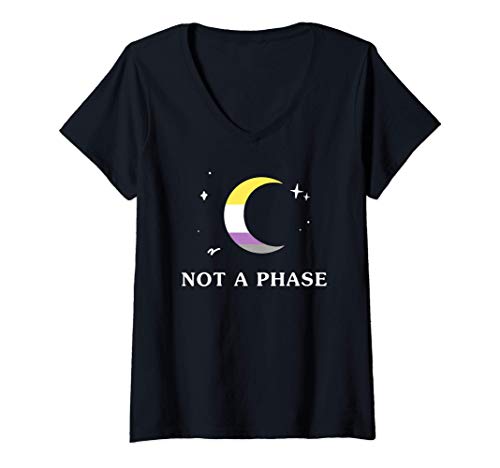 Femme Pas Une Phase Non Binaire LGBTQIA Pride Drapeau Lune T-Shirt avec Col en V