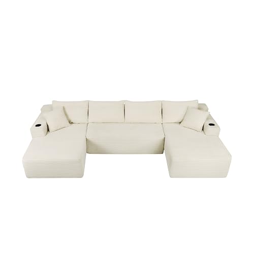 Image of 133 inch Modular Sectional Sofa Couch, Boneless Cloud Couches for Living Room, Oversized Corduroy U Shaped Cloud Sectional Sofa with CupHolders and Storage, No Assembly Required, Beige