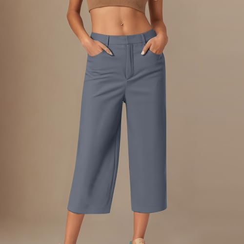 Women's Wide Leg Work Pants Business Casual Loose Straight Leg Capris High Waist Office Cropped Slacks with Pockets2