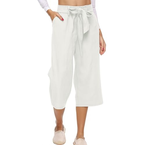 Straight Leg Pedal Pushers for Women Lightweight Plus Size Linen Capri Pants Casual Tie Elastic Waist Bermuda Shorts3