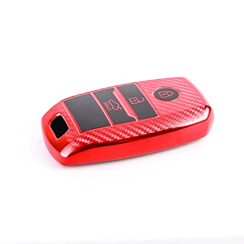 Image of JVCV Soft TPU Carbon Fiber Style Car Key Cover Compatible with Kia Seltos Sonet Carens 3 Button Push Start Car Key (Red)
