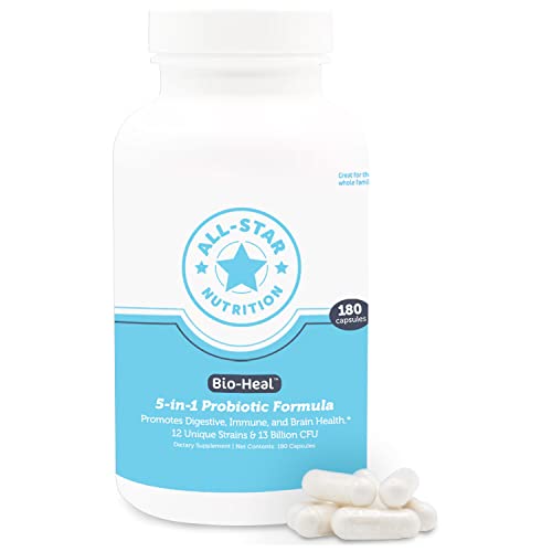 5-in-1 Bio-Heal® Probiotic Capsules for Kids, Men & Women - Best Supplement for Brain Function, Gut Health & Constipation - Shelf Stable & Fortified with Vitamins, Minerals & Prebiotics - All-Natural