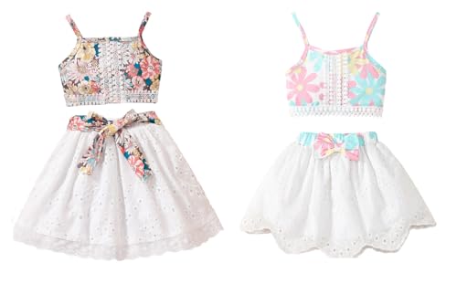 Image of TAGAS Girls Girls Floral Crop Top and White Lace Skirt Set - Summer Sleeveless 2-Piece Outfit with Bow Belt - Casual Party Dress for Kids