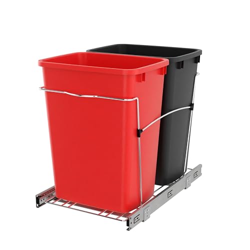 Image of Rev-A-Shelf RV-18KD-1618C-S Double Pullout Trash Can for Kitchen Cabinets 35 Qt Garbage Recycling Bin on Full Extension Slides, Red /Black