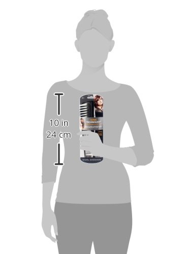 Product dimensions of the Vidal Sassoon comb assortment, showing a person holding the packaged combs next to a ruler indicating 10 inches or 24 cm.