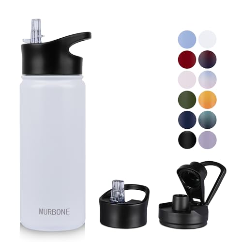 MURBONE Insulated Water Bottle, 500ml Stainless Steel Drink Flask with Straw, BPA Free, 2 Lids (Straw Lid and Spout Lid), Leakproof Double Walled Vacuum Water Bottle, White