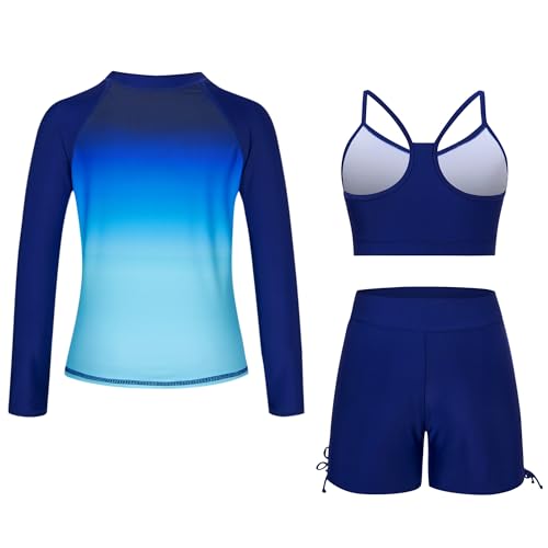 Image of Funnycokid Girls Swimsuit 3 Pieces Zip Rash Guard Bathing Suits Set Kids Bikini Boyshort Summer Swimwear 3-14 Years