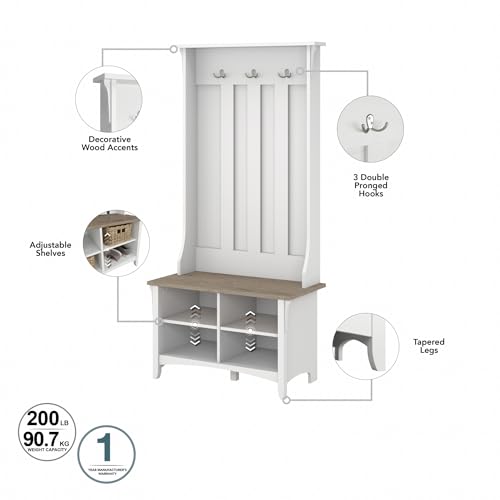 Image of Bush Home Salinas Hall Tree with Shoe Storage Bench in Shiplap Gray and Pure White, Multi-Purpose Home Organizer, Entryway Solution with Seating and Hooks