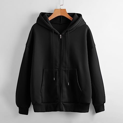 Sweats à capuche femme zippé noir pull manches longues ample décontracté