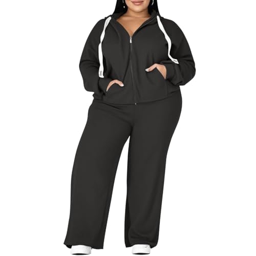 UOUA Plus Size Womens 2 Piece Sweatsuits Outfits Zip Up Jackets & Wide Leg Sweatpants Casual Loungewear Tracksuit Sets Dark Grey (1X-4X)