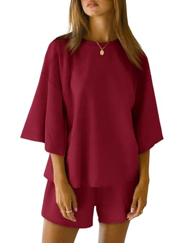 Image of Tankaneo Womens Pajama Sets 3 /4 Sleeve Oversized Tops & Loose Fit Shorts Lounge Set with Pockets Loungewear