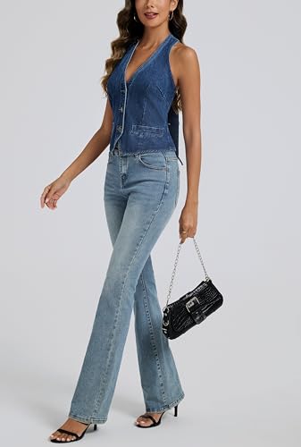 Ladyful Halter Denim Vest Top for Women V Neck Jean Vest Waistcoat Sleeveless Back Tie Cowgirl Top Western Outfits3