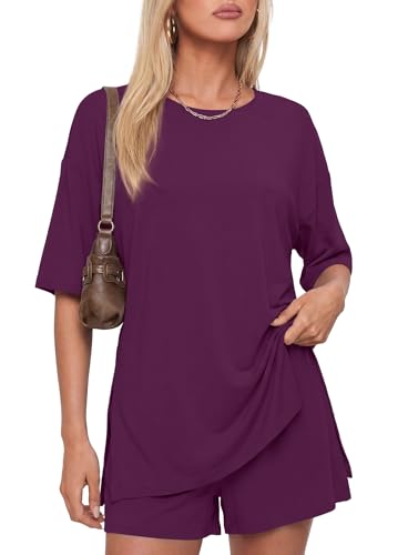 Image of Darong Women's 2 Piece Shorts Set Loungewear | oversized tshirts,crew neck top,drawstring shorts,elastic waist, side pockets,summer travel outfits