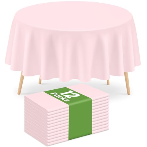 Image of Mulbozy 12 Pack Pink Round Tablecloth, 84 Inches Plastic Table Cover, Premium Disposable Round Party Tablecloth for Restaurant Dinners, Wedding, Grad Party, Baby Shower, Outdoor Camping