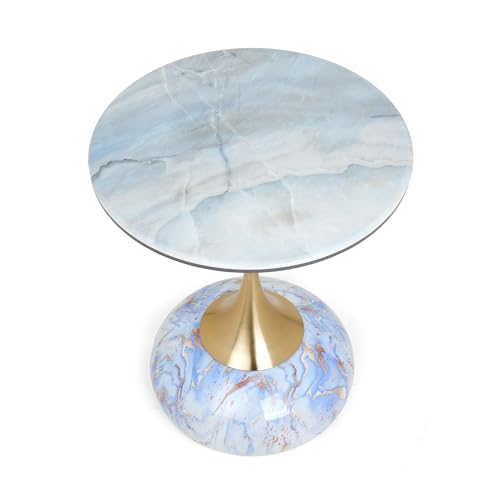 Image of Round Side Table with Marble Top, Brushed Golden Pedestal Base, Metal Base with Marble Effect, Modern Accent Table for Living Room, Bedroom (Blue-ish White)