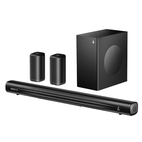 Boat Aavante Prime 5.1 5050D, Dolby Audio, 500W, 5.1CH w/Wired Subwoofer & Wireless Satellites, Scan QR Code for Installation Bluetooth Sound bar, Home Theatre Soundbar Speaker (Premium Black)